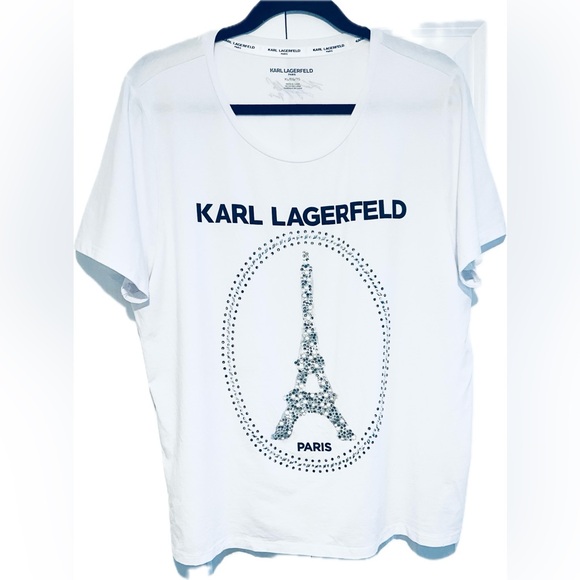 Vintage designer Karl Lagerfeld t shirt ladies Sz. XL white Eiffel Tower beads - Picture 2 of 8